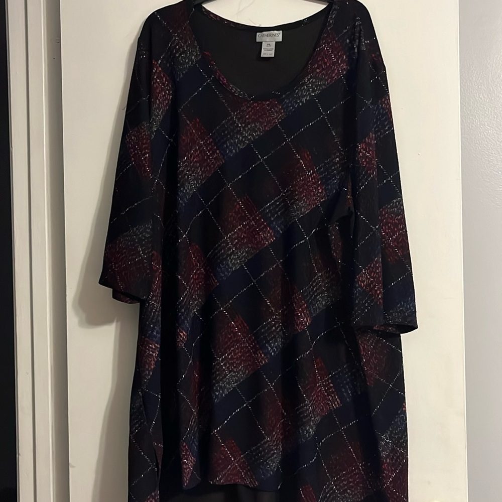 Women's CATHERINES Black/Red Plaid, Straight Knee Length Dress; Size 2X